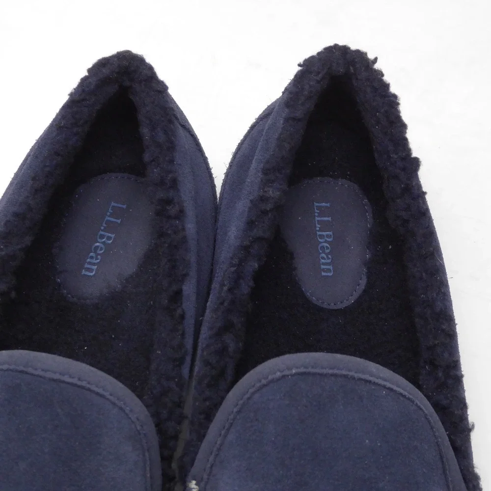 LL Bean Mens Mountain Slippers Navy Suede Fleece Lined Moccasins Size 12